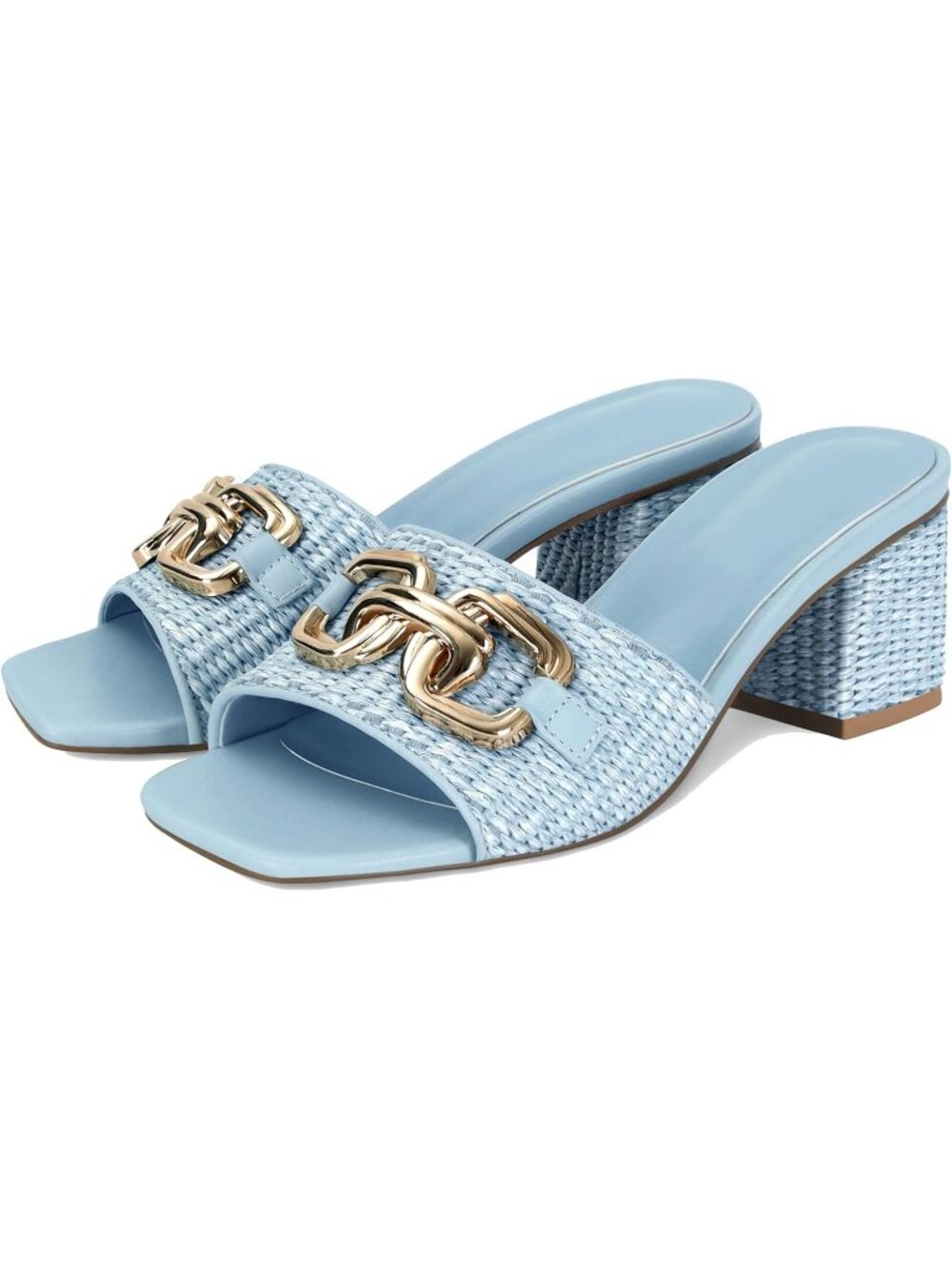 Women's Blue Square Toe Slip On Mules Comfortable Chunky Heels Sandals